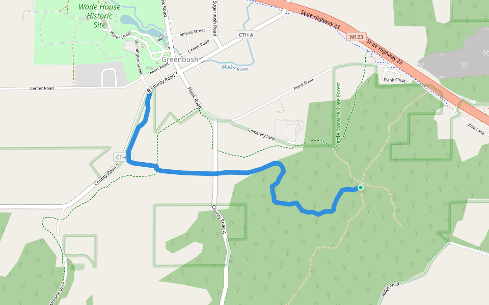 spur trail to Wade House walking route map in Glenbeulah
