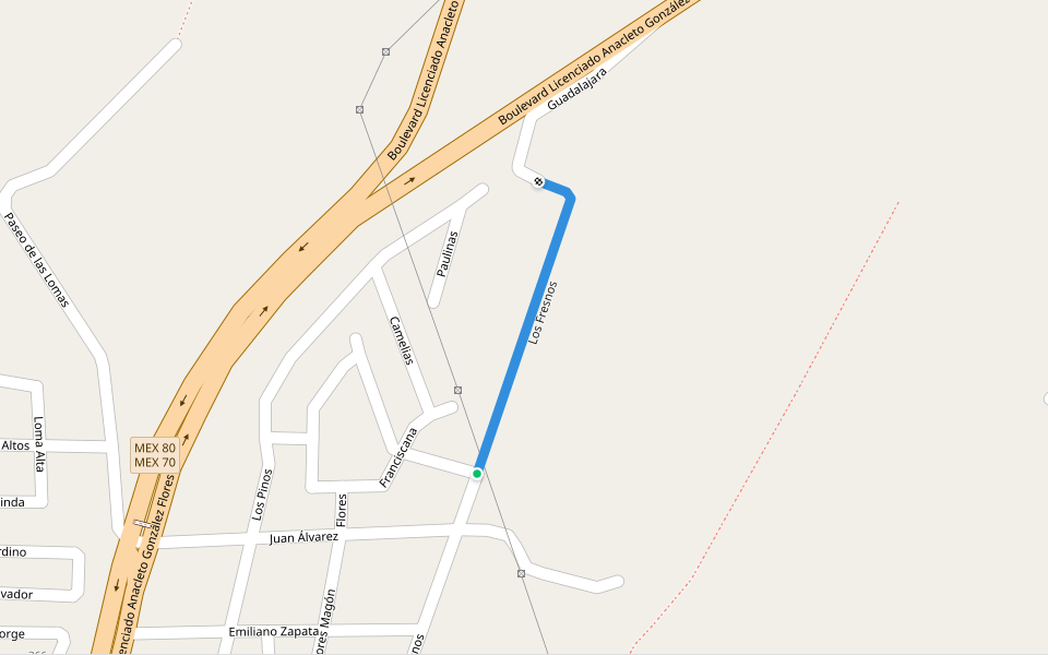 Los Fresnos walking route map in Tepatitlán de Morelos
