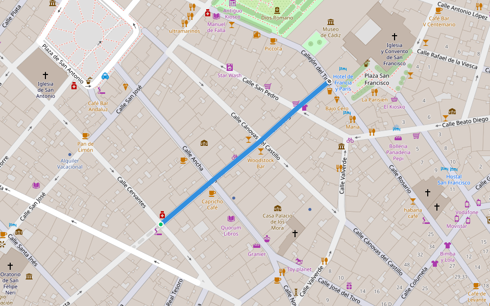 Calle Sagasta walking route map in Cádiz