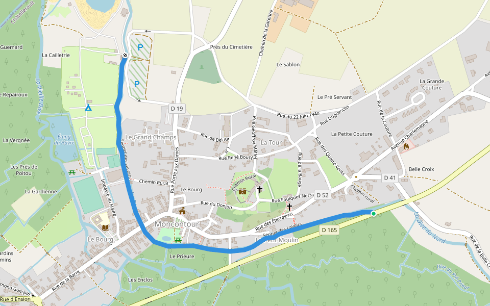 Sentier des Lavoirs walking route map in Moncontour