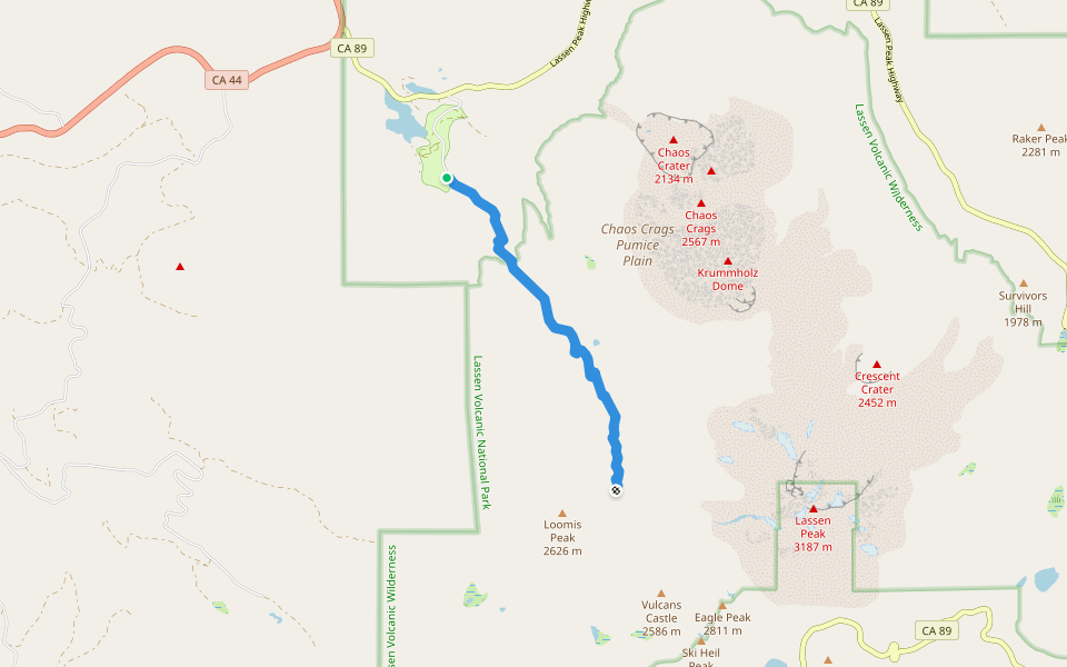 Manzanita Creek Trail walking route map in Manzanita Lake