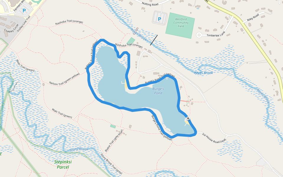Burge's Pond Trail (yellow) walking route map in Westford