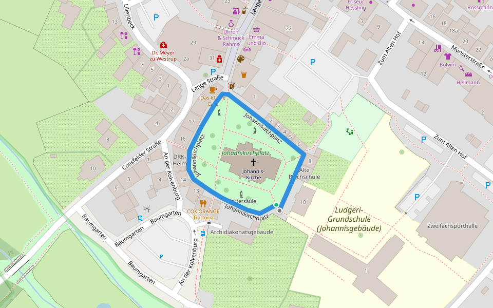 Johannikirchplatz walking route map in Billerbeck