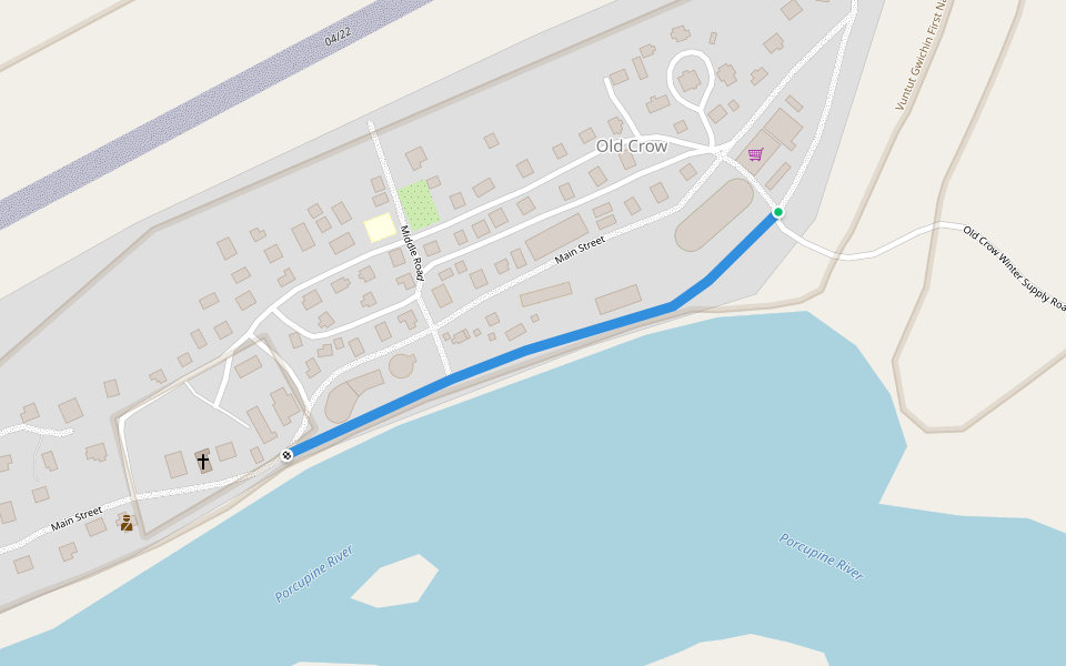 Riverfront Street walking route map in Old Crow