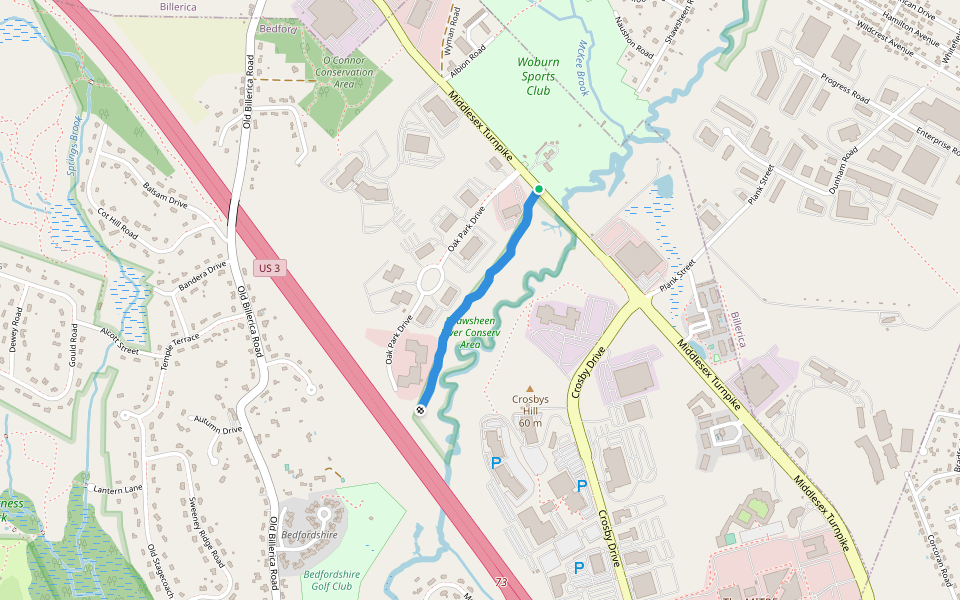 Main Trial (blue) Shawsheen walking route map in Burlington