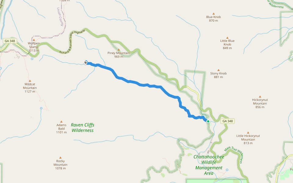 Raven Cliffs walking route map in Helen