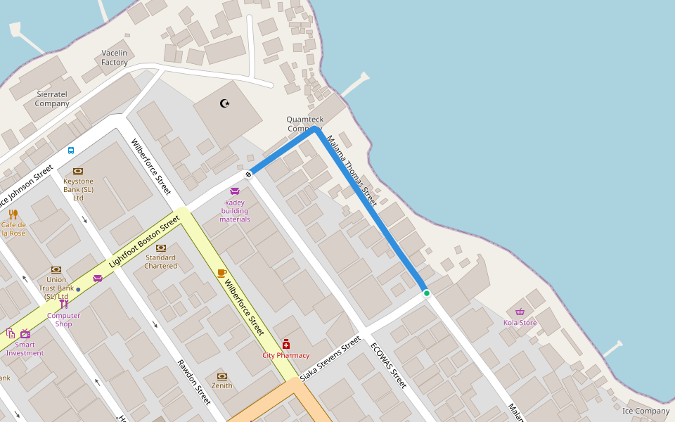 Malama Thomas Street walking route map in Freetown