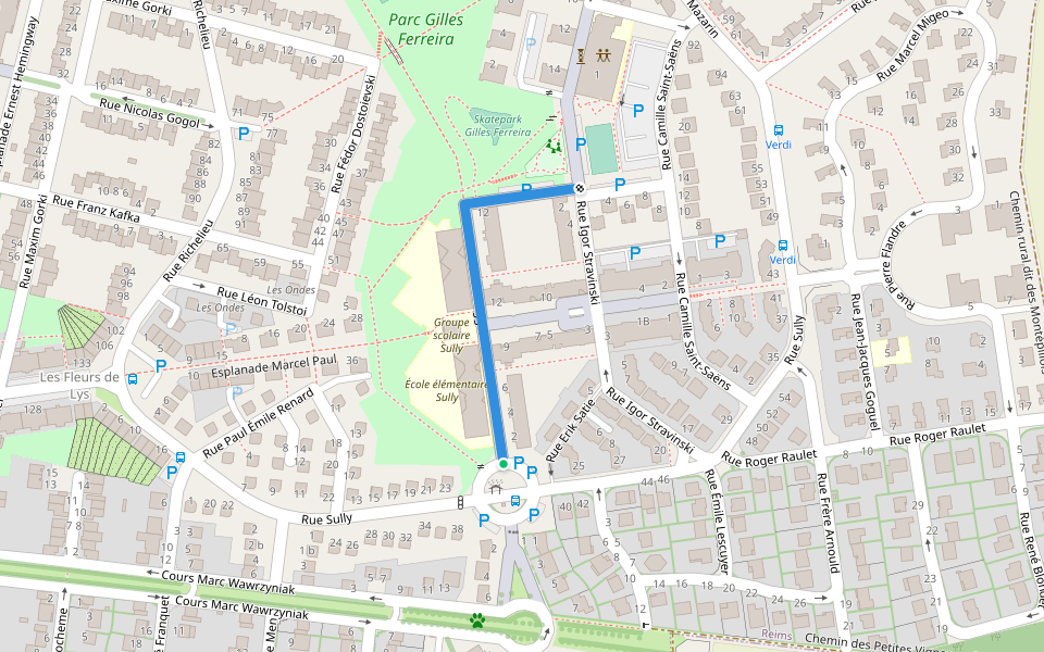 Rue Arthur Honegger walking route map in Reims