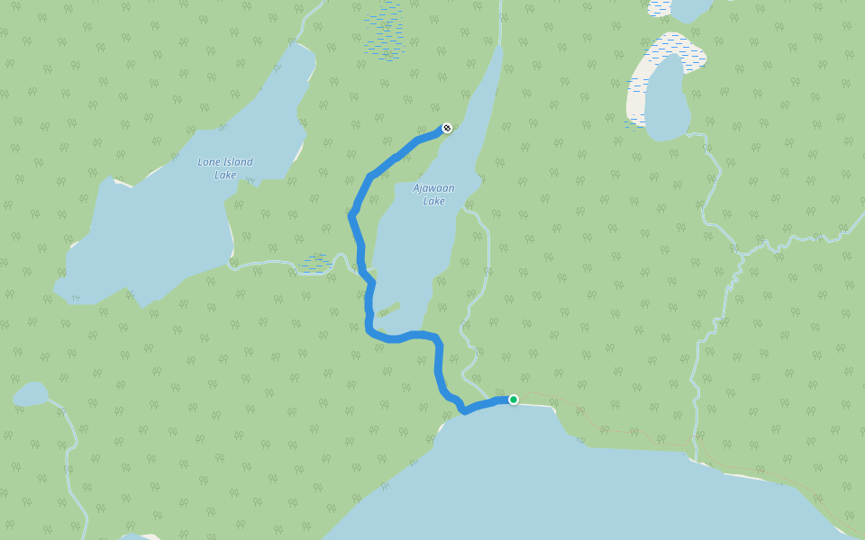 Northend Campsite to Grey Owl's Cabin walking route map in Waskesiu Lake
