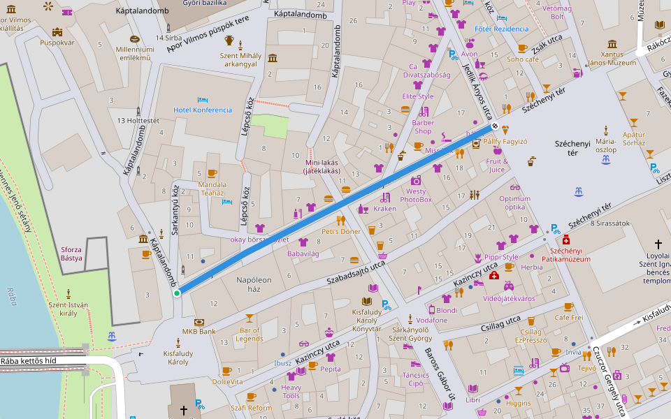 Király utca walking route map in Győr