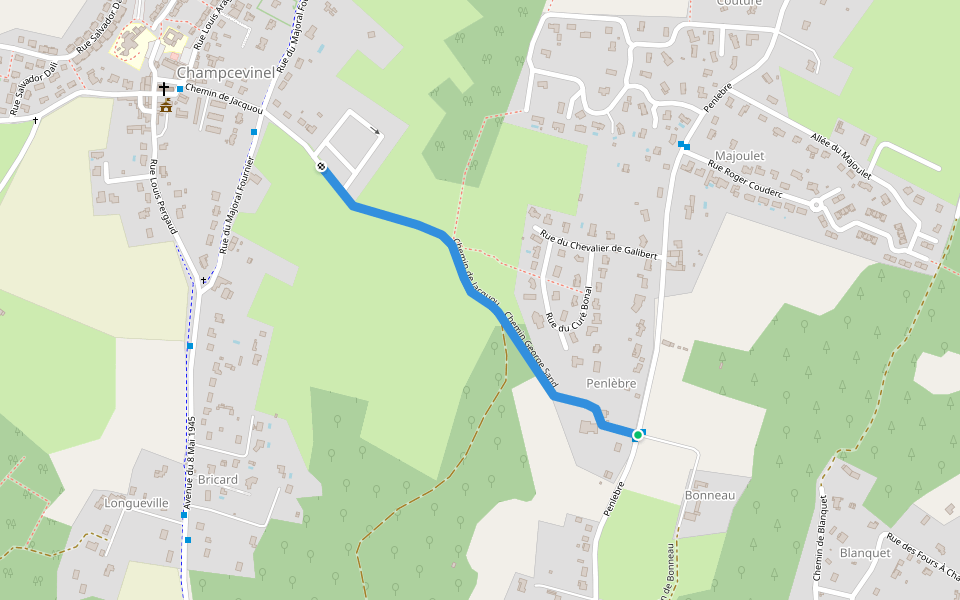 Chemin de Jacquou walking route map in Champcevinel