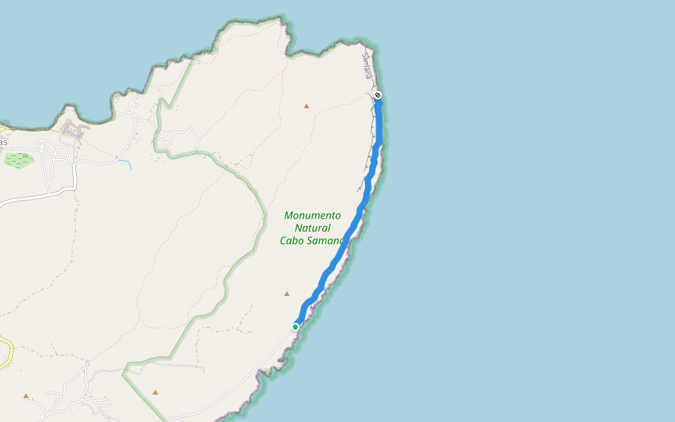 Camino a Playa Fronton walking route map in Las Galeras
