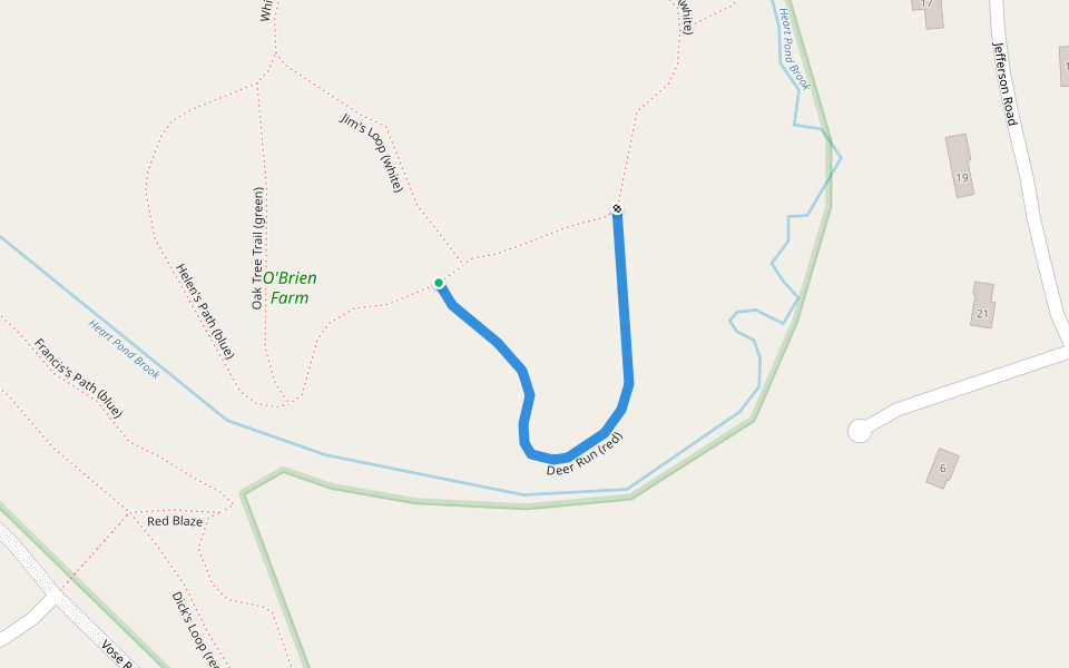 Deer Run (red) walking route map in Westford