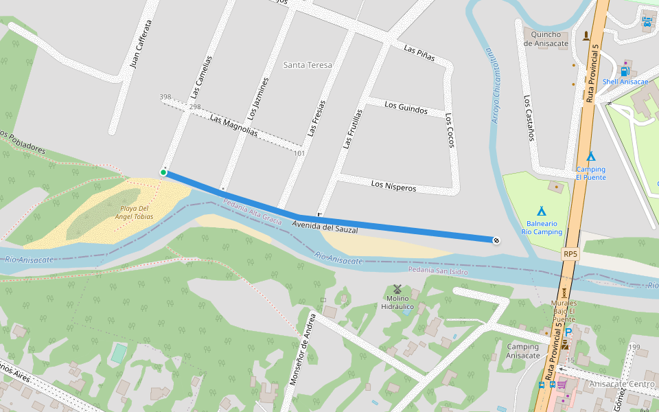 Avenida del Sauzal walking route map in Valle de Anisacate