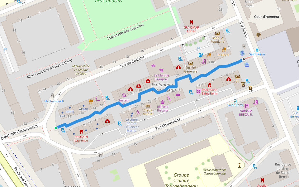 Esplanade Fléchambault walking route map in Reims