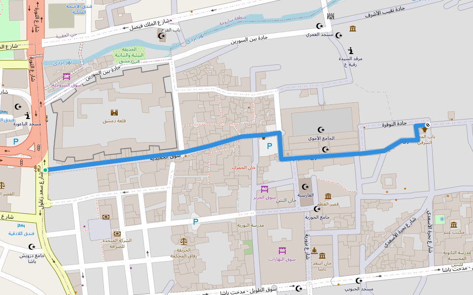 سوق الحميدية walking route map in Damascus