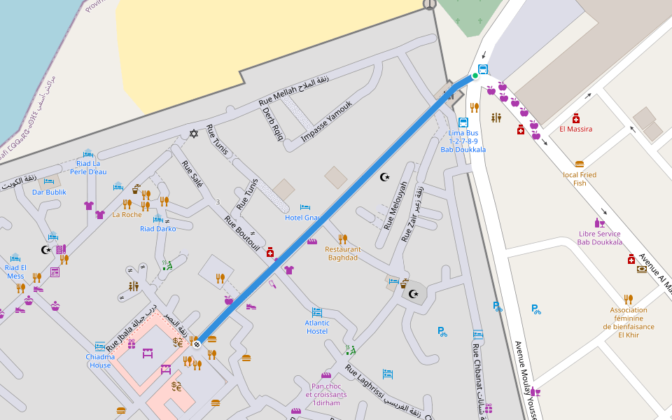 Avenue Zerktouni walking route map in Essaouira