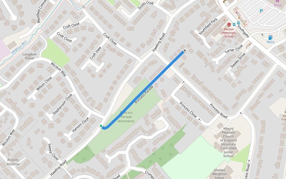 Princess Parade walking route map in Market Weighton