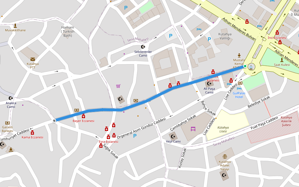 Cumhuriyet Caddesi walking route map in Kütahya