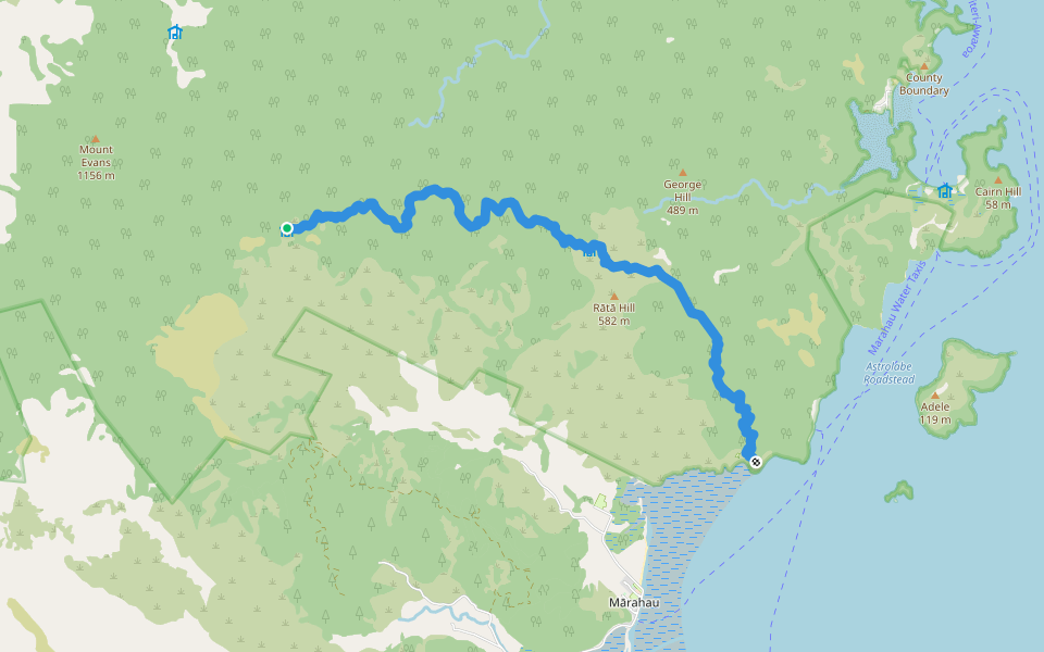 Abel Tasman Inland Track walking route map in Mārahau