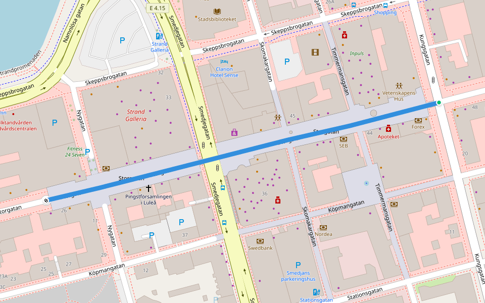Storgatan walking route map in Luleå