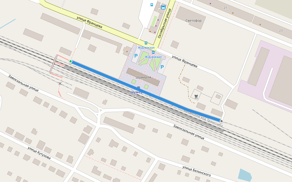 Привокзальная улица walking route map in Shumerlya