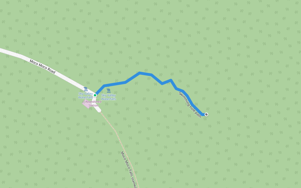 Swimming hole path walking route map in Moco-Moco Village