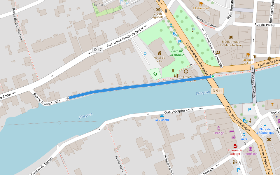 Rue de la Rive Droite walking route map in Villefranche-de-Rouergue