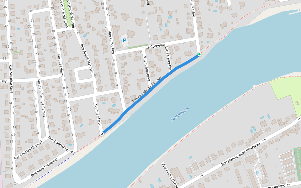 Promenade du Barrage walking route map in Bergerac