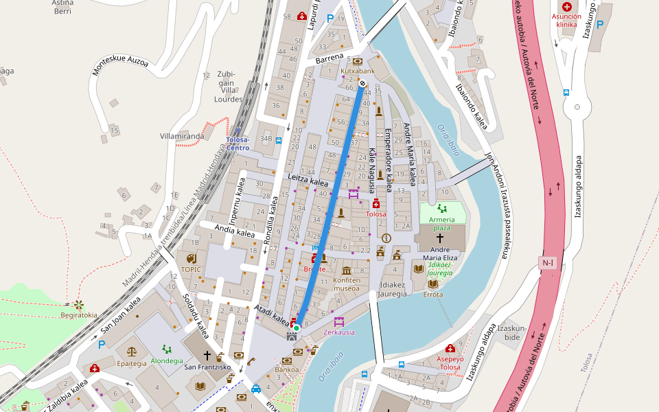 Korreo kalea walking route map in Tolosa