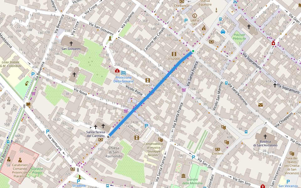 Corso Vittorio Emanuele Secondo walking route map in Piacenza