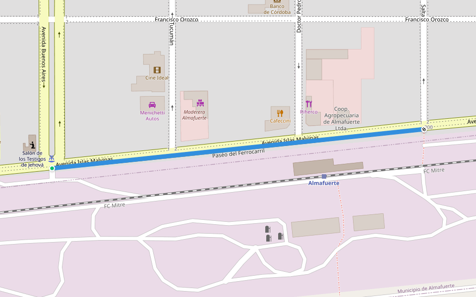 Paséo del Ferrocarril walking route map in Almafuerte