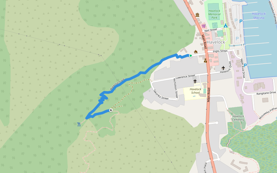 Waterfall Track walking route map in Havelock
