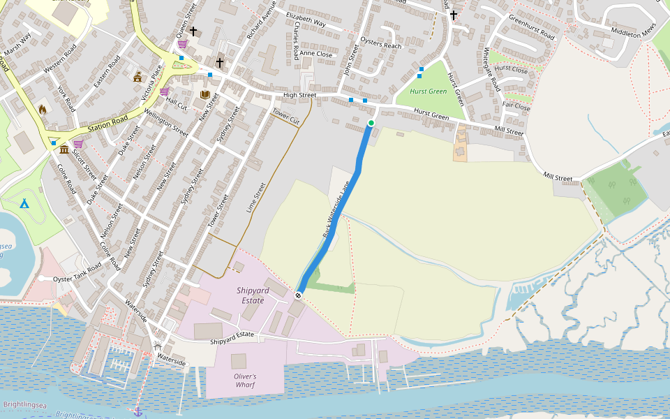 Back Waterside Lane walking route map in Brightlingsea