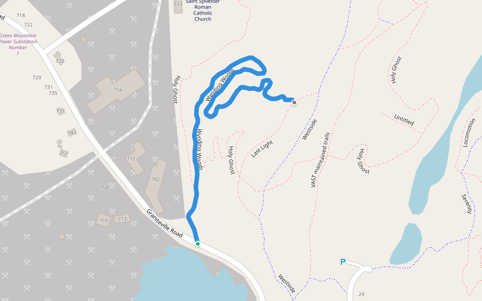 Wynding Woods walking route map in Barre Town