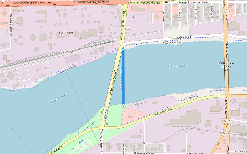 Missouri River Bridge walking route map in Great Falls