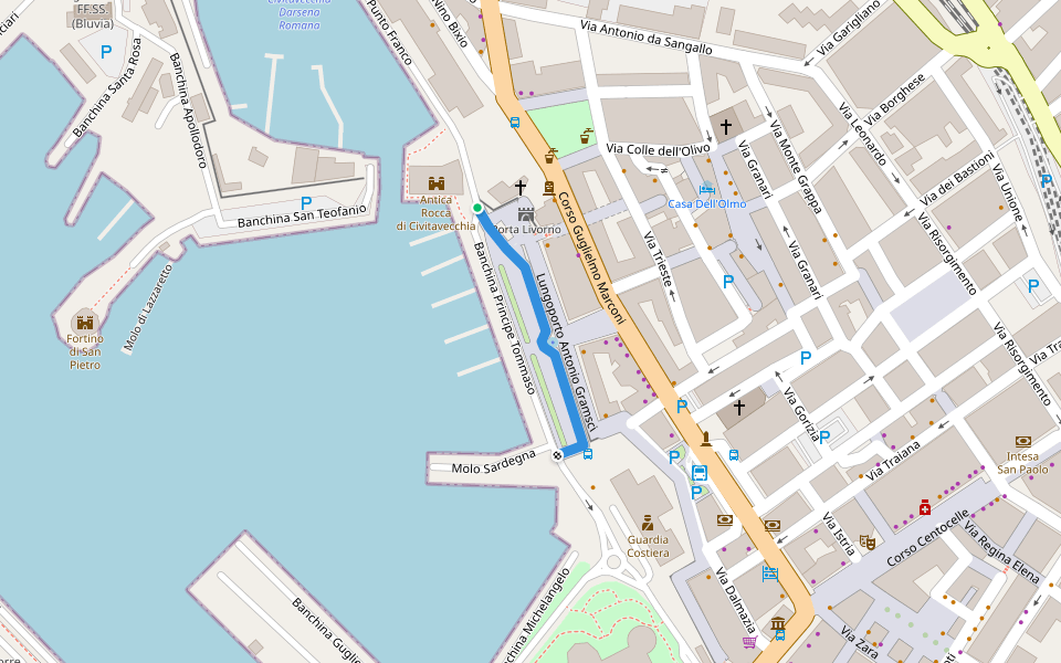 Calata Principe Tommaso walking route map in Civitavecchia