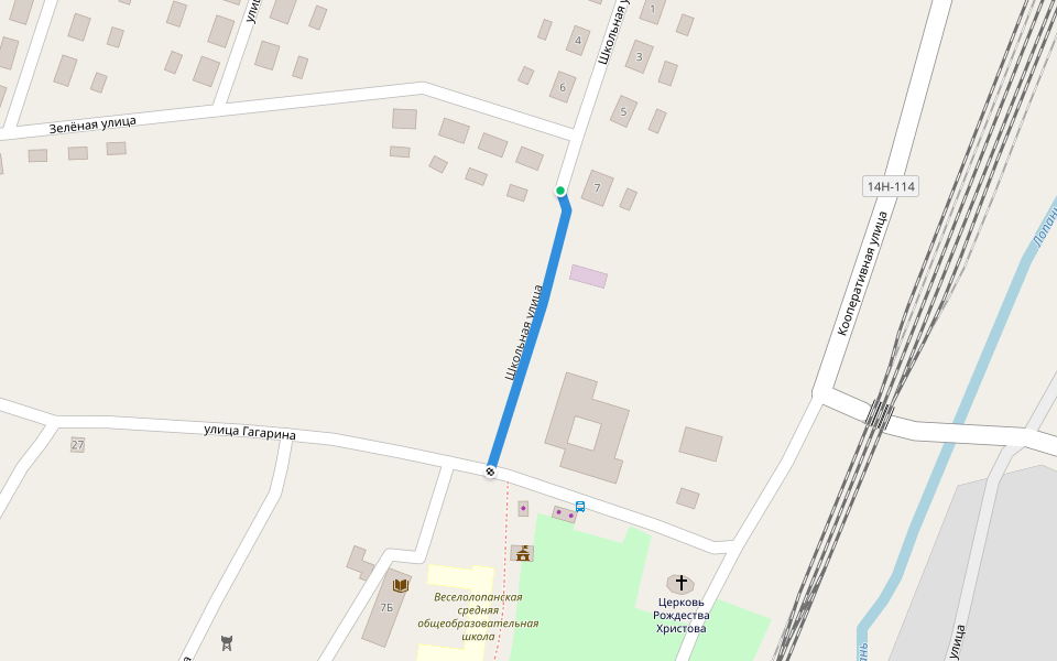 Школьная улица walking route map in Veselaya Lopan'