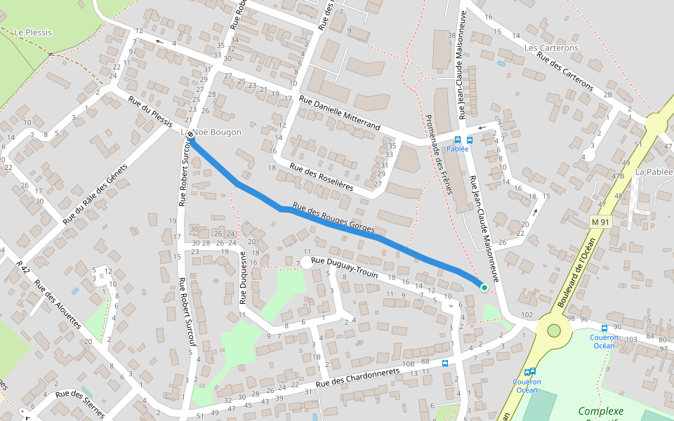 Rue des Rouges Gorges walking route map in Couëron