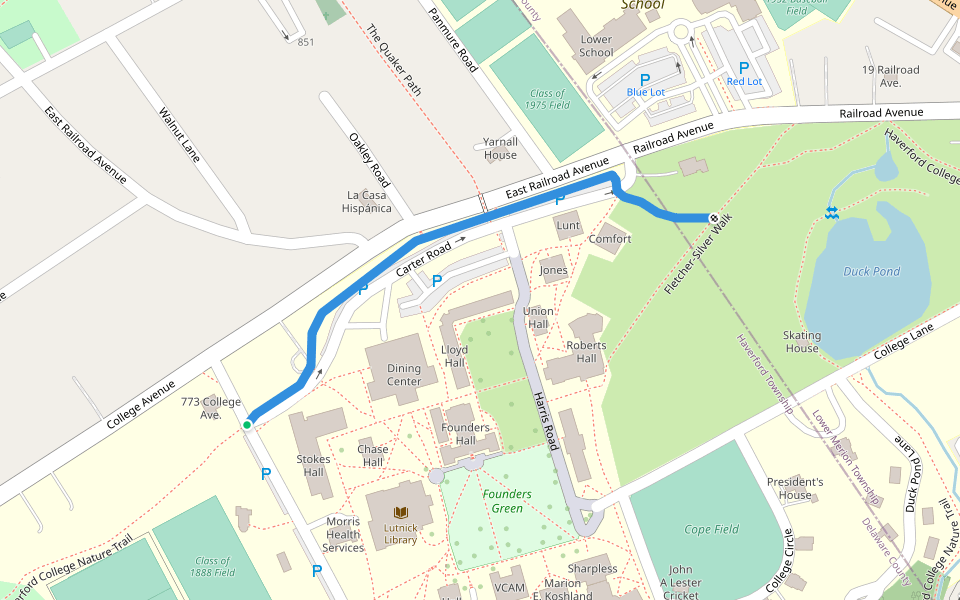 Haverford College Trail walking route map in Ardmore