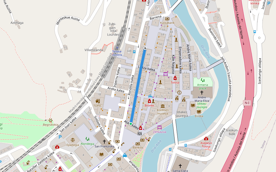 Aroztegieta kalea walking route map in Tolosa