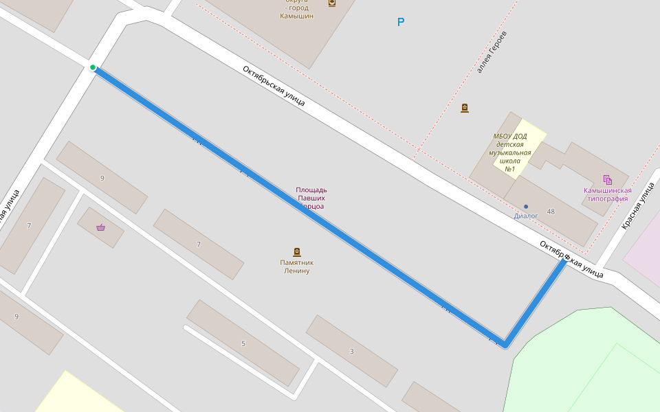 площадь Павших Борцов walking route map in Kamyshin