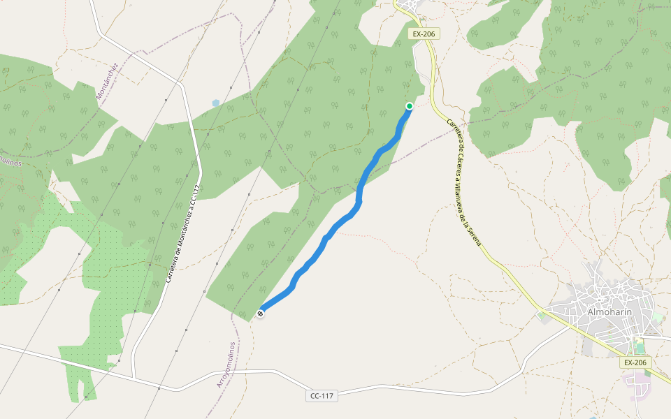 Cordel de Merida a Trujillo walking route map in Valdemorales