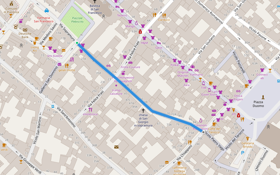 Via Sopramuro walking route map in Piacenza