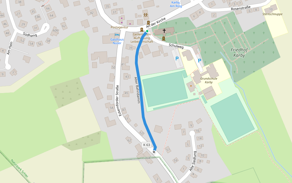 Alter Bahndamm walking route map in Karby
