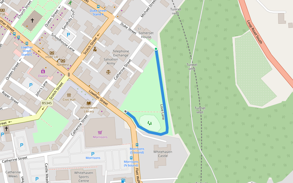 Love Lane walking route map in Whitehaven