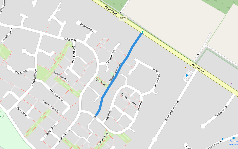 Oakengrove Lane walking route map in Hazlemere