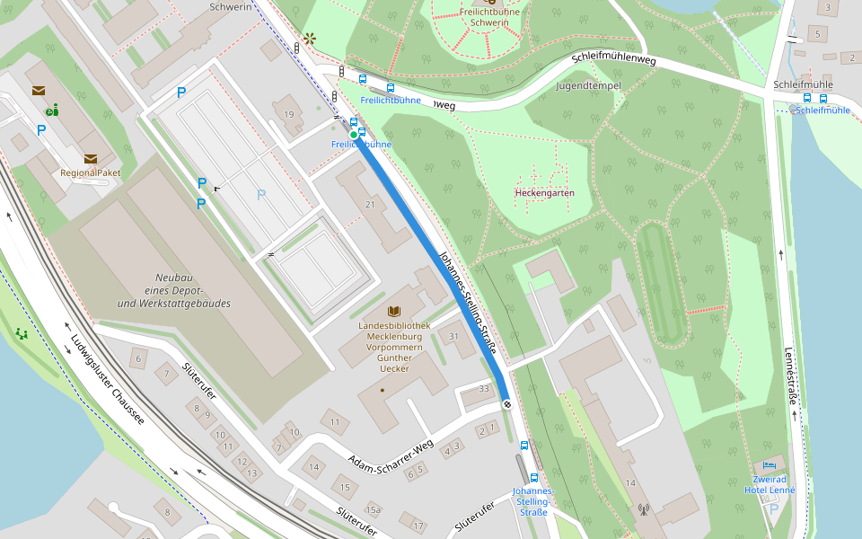 Johannes-Stelling-Straße walking route map in Schwerin
