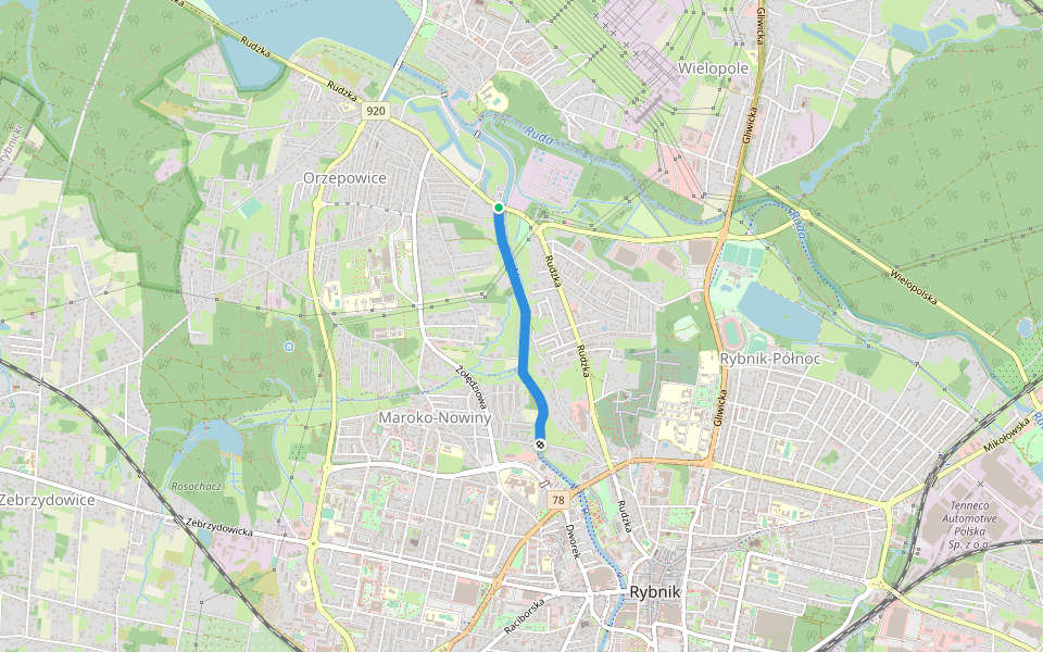 Bulwary nad Nacyną walking route map in Rybnik