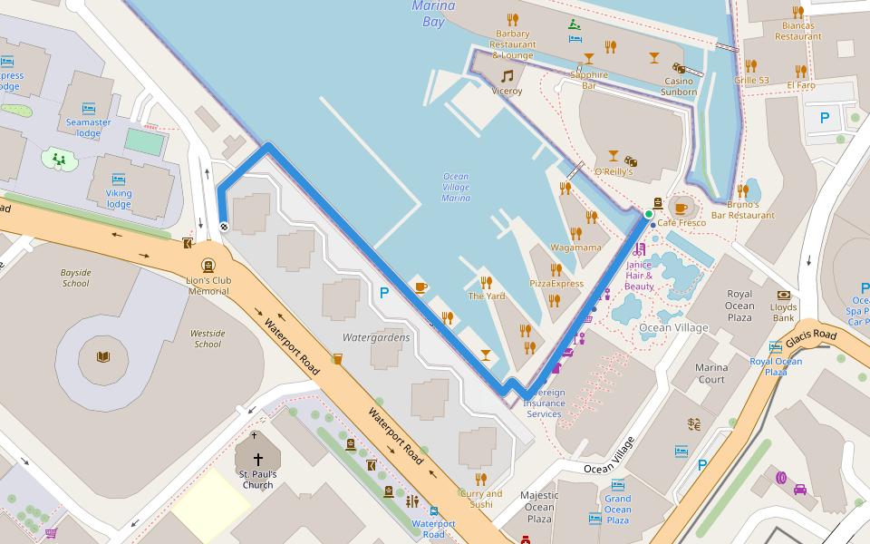 Ocean Village Promenade walking route map in Gibraltar